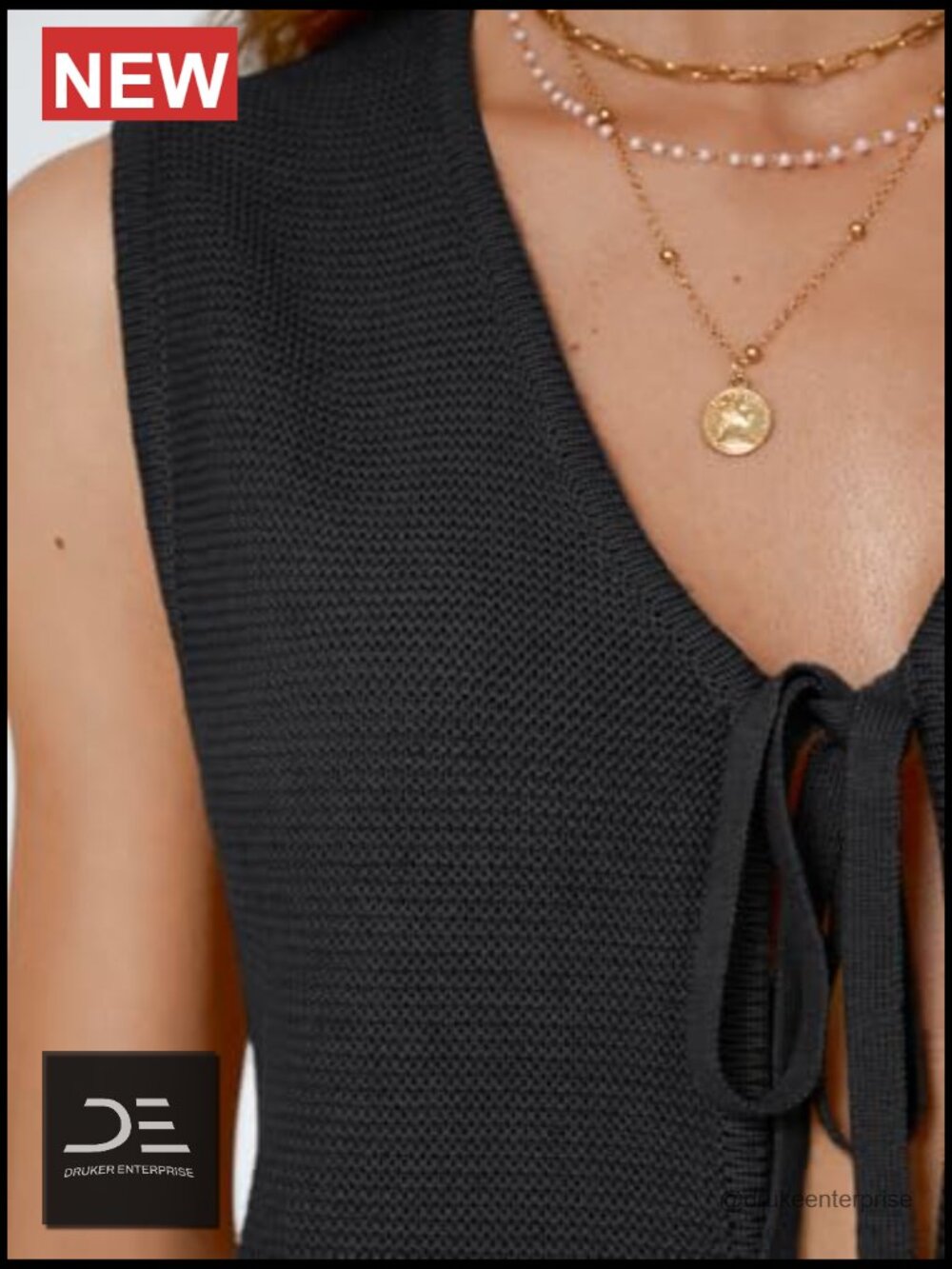 Sleeveless V-Neck Crochet Knit Tank Top Tie Front Summer Beach Vacation Vest - Picture 5 of 6